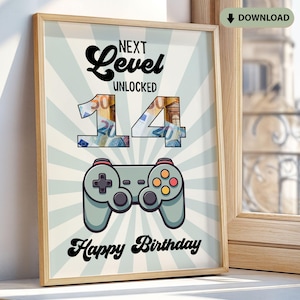 Könnte beinhalten: Gerahmter Druck mit hellgrünem und weiß gestreiftem Hintergrund. Der Text lautet "Next Level Unlocked 14 Happy Birthday". Die Zahl 14 ist mit Bildern von Währungen gefüllt. Unten befindet sich ein hellgrüner Gamecontroller.