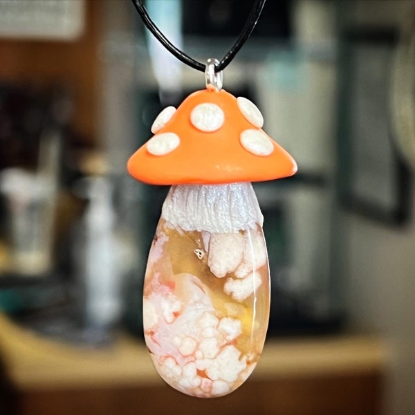 Flower Agate & Polymer Clay Mushroom Pendant Necklace