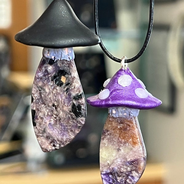 Charoite & Polymer Clay Mushroom Pendant Necklace