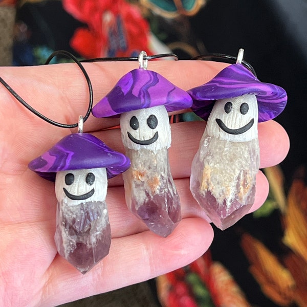 Amethyst & Polymer Clay Happy Mushroom Pendant Necklace