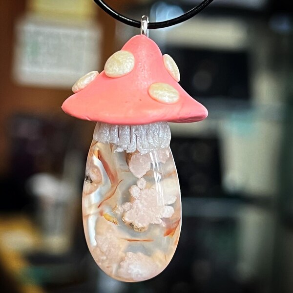 Flower Agate & Polymer Clay Mushroom Pendant Necklace