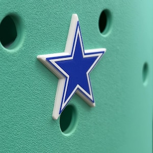 May include: A five-pointed star charm featuring a blue center with a white border and a blue outline, attached to a textured mint green surface with circular ventilation holes. The star is raised and has a smooth, matte finish on its surface.
