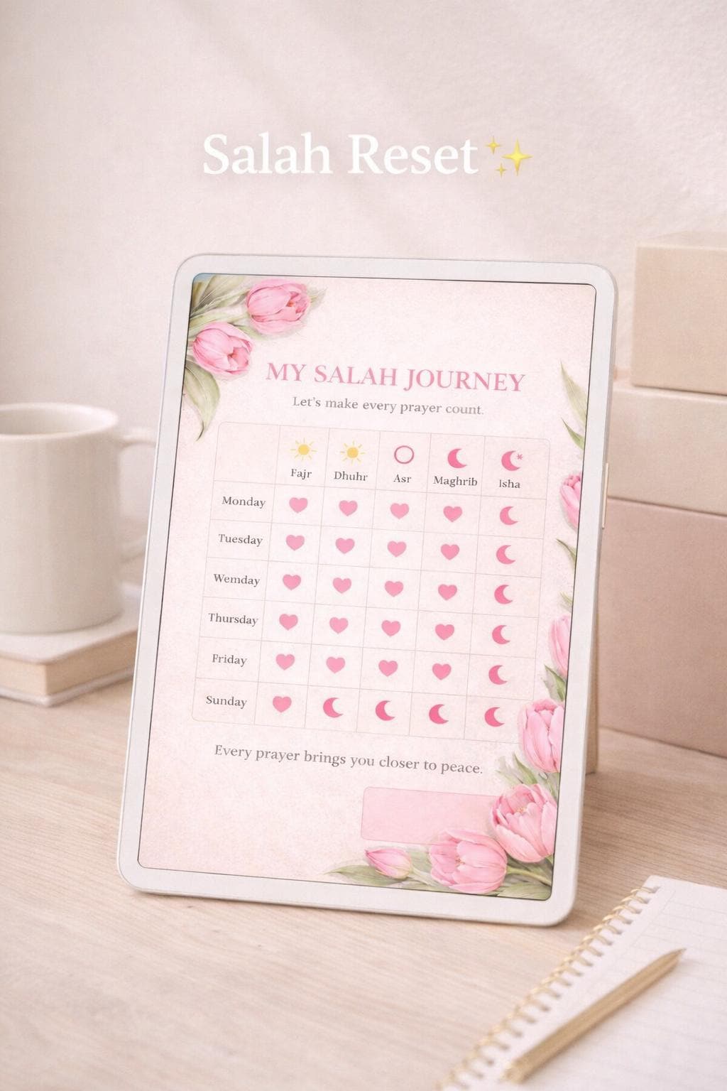 Salah Prayer Tracker Printable | Pink Floral Islamic Planner (digital ...