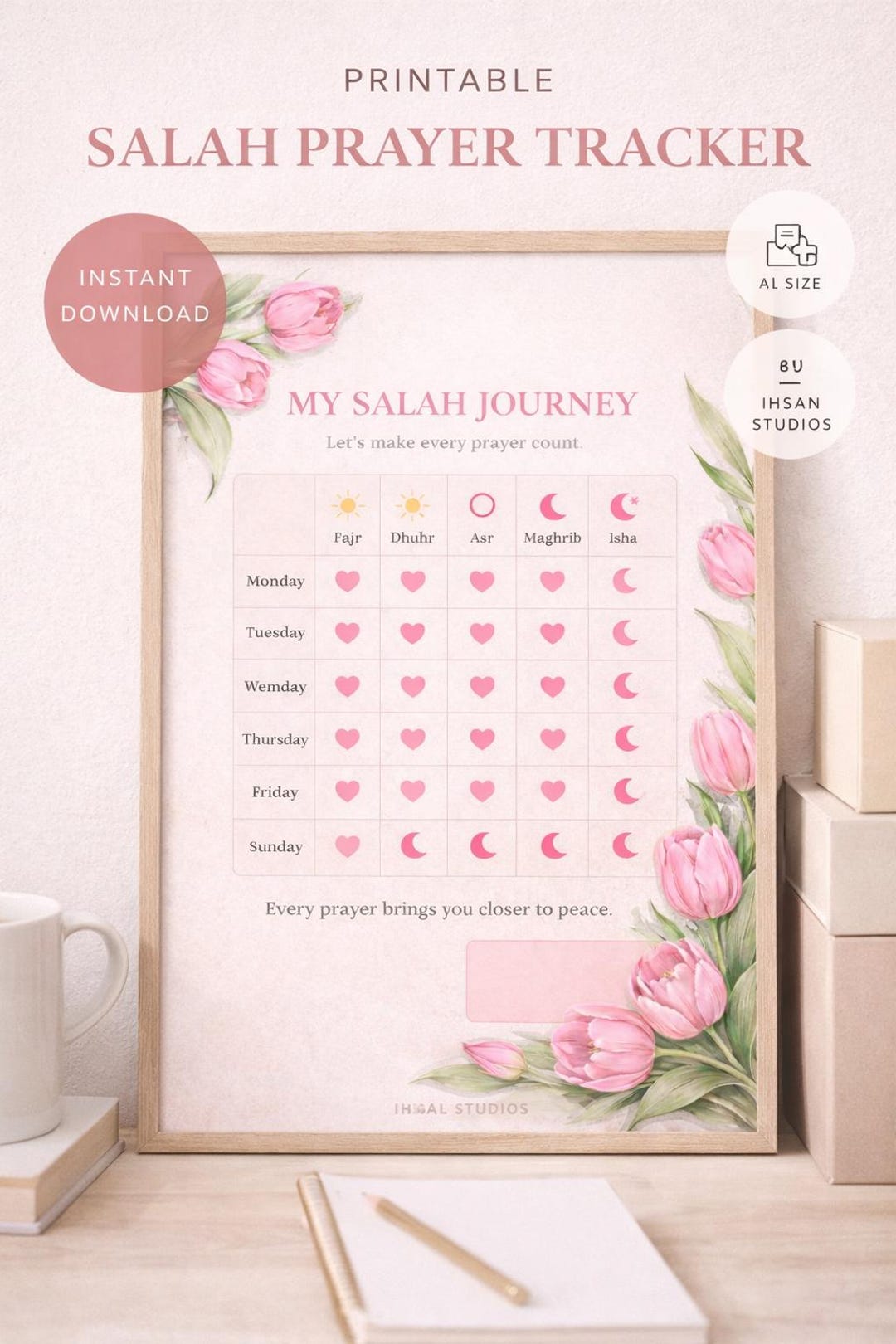Salah Prayer Tracker Printable | Pink Floral Islamic Planner (digital ...