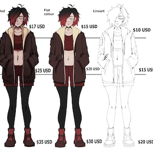 Pode incluir: Três ilustrações de uma pessoa em diferentes estilos: sombreado, cor lisa e lineart. Cada figura usa uma jaqueta marrom, top vermelho, shorts, leggings pretas e botas vermelhas. A versão lineart é em preto e branco.
