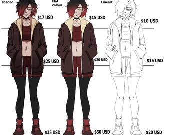 May include: Three illustrations of a person in different styles: shaded, flat colour, and lineart. Each figure wears a brown jacket, red top, shorts, black leggings, and red boots. The lineart version is in black and white.