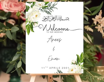 White Floral Nikkah Wedding Welcome Sign template, Bismillah Wedding Welcome Sign, Elegant Botanical Islamic Decor,  (Digital Printable