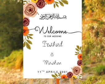 Editable Nikkah wedding Welcome Sign Template, Floral Islamic Wedding Board, Beige Burgundy Printable Decor, Canva Digital Download
