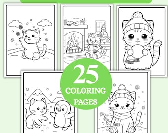 Winter Cat Coloring Pages for Kids, 25 Printable Sheets (PDF Download)