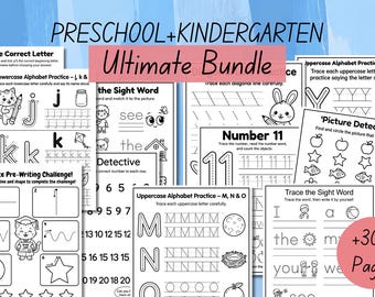 Preschool Pre-K + Kindergarten Learning Bundle, +300 Pages, Printable Activity Worksheets, Coloring, Numbers, Tracing, Alphabet, Sight Words