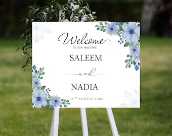 Blue Floral Wedding Welcome Sign Template, Editable Wedding Sign, Printable Welcome Poster, Minimalist Floral Wedding Decor,Instant Download