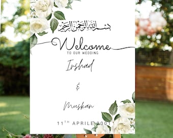 Floral Bismillah Nikkah Wedding Sign, Elegant White Rose Islamic Wedding Sign, Islamic Wedding Welcome Sign, Muslim Ceremony Decor