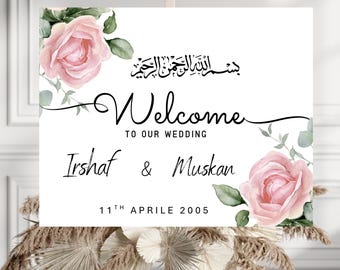 Red Floral Nikkah Welcome Sign Template, Editable Islamic Wedding Sign, Bismillah Arabic Calligraphy Muslim Wedding Decor, Instant Download