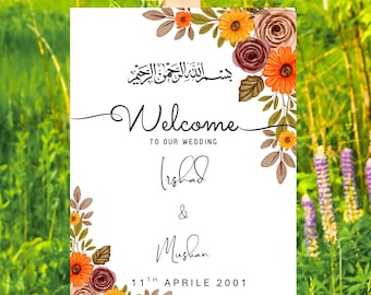 Orange Floral Bismillah Nikkah Welcome Sign Template, Nikkah Wedding Sign Template, Personalized Muslim Nikkah Decor, Instant Download