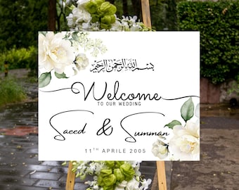 Islamic wedding Welcome Sign, Editable Bismillah Wedding Sign, Floral white Muslim Wedding Decor, welcome here sign, Instant download
