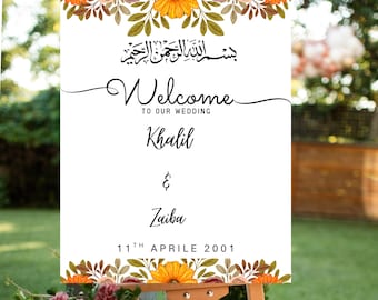 Floral Islamic Wedding Welcome Sign,Orange Nikkah Ceremony Sign, islamic marriage template,Elegant Botanical Islamic Decor,Digital printable