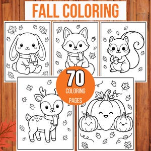 以下が含まれることがあります： FALL COLORINGと題された70枚の塗り絵セット。ウサギ、キツネ、リス、シカ、カボチャの白黒線画が描かれています。各ページには秋の葉やどんぐりが描かれており、印刷に適した鮮明なデザインで構成されています。