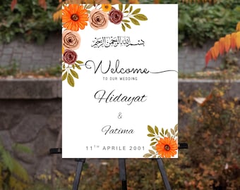 Floral Nikkah Welcome Sign Template, Editable Islamic Wedding Sign with Bismillah, Orange Peach Floral Muslim Wedding Decor,Instant Download