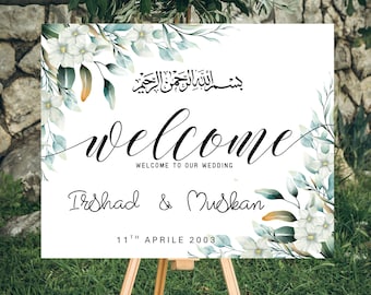 Bismillah Nikah Wedding Welcome Sign, Editable Nikkah Wedding welcome Sign Template, Sage Green Floral Islamic Wedding Decor Printable Board