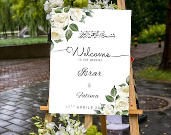 White Nikkah Welcome Sign Template, wedding welcome sign, Editable Islamic Wedding Sign, Botanical Islamic Decor, Canva Instant Download