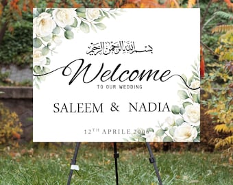 White Floral Nikkah Wedding Welcome Sign Template, Editable Islamic Wedding Sign Floral Nikkah Welcome Board Digital Download