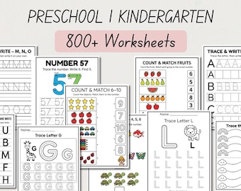 Preschool + Pre-K Kindergarten Learning Mega Bundle, 800+ Printable Worksheets, Alphabet, Numbers, Tracing, Dot to Dot, Coloring Activities