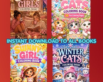 Cat Coloring Book Bundle, Cozy Cute Coloring Pages, Winter Spring Summer Coloring Sheets, Bold Easy Kids Coloring, Instant Download PDF