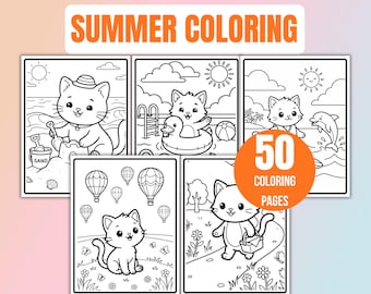 Summer Coloring Pages, Summer Coloring Book, Cute Kitten Coloring Pages For Kids, 50 Coloring Pages + 7 Bonus Pages, Instant PDF