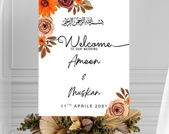 Floral Nikkah Welcome Sign Template, Editable Islamic Wedding Sign, Orange Terracotta Floral Muslim Wedding Decor, Canva Printable