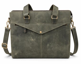 Full Grain Leather Laptop Bag for 15 Inch Laptop, Olive Green Leather Briefcase with Crossbody Strap, Gift for Him