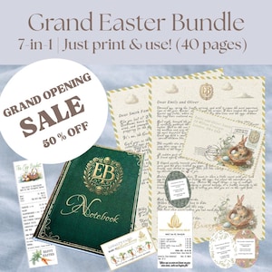 May include: An Easter-themed bundle with a green notebook, stationery, and other printables. The image includes the text "Grand Easter Bundle" and "Grand Opening Sale 50% Off."