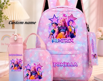 Conjunto de Mochila Escolar Personalizada KPop, Mochila com Nome Personalizado para Meninas, Lancheira e Garrafa de Água, Conjunto Fofo de Mochila Escolar com 4 Peças, Presente para Volta às Aulas para Crianças