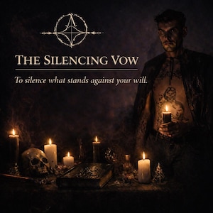 May include: Dark, moody image with the text "THE SILENCING VOW" and "To silence what stands against your will." A man holds a candle, surrounded by candles, a skull, and a book. The scene is dimly lit with a mystical theme.