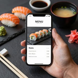 May include: A smartphone displaying a sushi menu with the text "MENU MOCRA" and "Keeiu". The image also shows sushi rolls, nigiri, miso soup, soy sauce, pickled ginger, and chopsticks, all arranged on a dark surface.