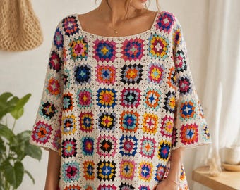 カラフルなグランマスクエアクロシェチュニック、ボヘミアンフェスティバルニットブラウス