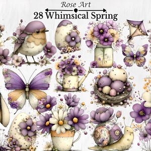 Puede incluir: Ilustración en acuarela con temática primaveral. Presenta un pájaro, mariposa, conejo, huevos, flores y un caracol. La paleta de colores es suave, con tonos de morado, crema y amarillo. El texto dice "Rose Art 28 Whimsical Spring."