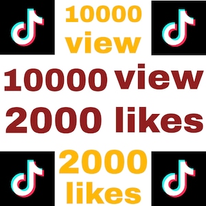 Könnte beinhalten: Grafik mit dem TikTok-Logo in Weiß, Rot und Blau, sowie dem Text "10000 view" in Gelb und "10000 view" und "2000 likes" in Rot. Das Logo erscheint viermal, vor schwarzem Hintergrund.