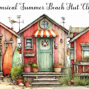 Op de afbeelding: Waterverfillustratie van grillige strandhutten in rood, roze en groen. De afbeelding toont surfplanken, potplanten en decoratieve elementen zoals een zeemeeuw en een ster. De tekst bovenaan luidt "Whimsical Summer Beach Hut Clipart 55".