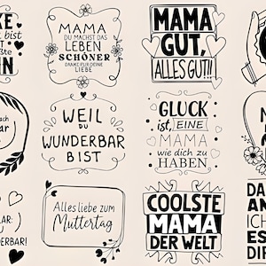 Op de afbeelding: Een verzameling zwart-witte grafische ontwerpen met Duitse tekst, ter ere van moeders. De ontwerpen bevatten zinnen als "Mama, je bent mijn held" en "Coolste mama ter wereld", met bloemen- en hartaccenten.