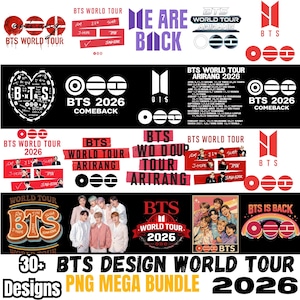 Puede incluir: Una colección de diseños de BTS World Tour, que incluyen logotipos, texto e imágenes de los miembros de la banda. Los diseños presentan el texto "BTS World Tour", "BTS 2026" y "We Are Back". La imagen también incluye el texto "30+ BTS Design World Tour Designs PNG Mega Bundle 2026."