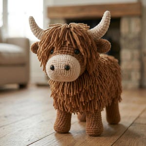 May include: A handmade crochet Highland cow toy. The soft toy has a shaggy brown body, a light beige face, and curved horns. The cow has black eyes and is standing on four legs. The background is blurred.