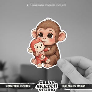 May include: A sticker featuring a brown cartoon monkey hugging a red monkey. The larger monkey has big eyes and a sad expression. Text at the bottom reads "COMMERCIAL USE FILES", "URBAN SKETCH STUDIO", and "HIGH QUALITY DESIGNS". The top text says "THIS IS A DIGITAL DOWNLOAD PNG SVG".