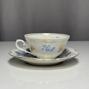 May include: A white teacup and saucer set with blue floral and gold accents. The teacup has a curved handle and sits on a matching saucer. The set is likely made of porcelain or a similar ceramic material.