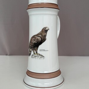 Può includere: Un boccale da birra in ceramica bianca con un'illustrazione di un'aquila marrone e nera sul davanti. Il testo "STEINADLER" e "AQUILA CHRYSAETOS" è stampato sotto l'aquila. Il boccale ha un corpo cilindrico con fasce marroni alle estremità.