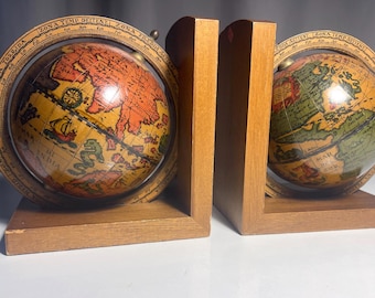 Vintage Globe Bookends Wood Set Made in Italy Retro Home Decor World Map Book Ends