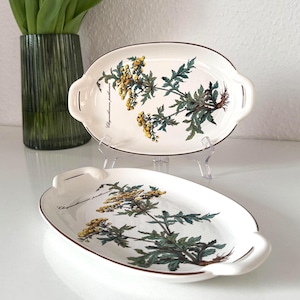 Könnte beinhalten: Zwei ovale Servierplatten mit Griffen. Die weißen Keramikplatten zeigen eine botanische Illustration von gelben Blumen und grünen Blättern. Die Ränder sind braun umrandet. Die Platten werden auf transparenten Ständern präsentiert.