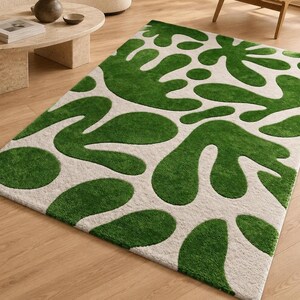 Green Cream Matisse Style Wool Area Rug, Abstract Botanical Hand Tufted Carpet
