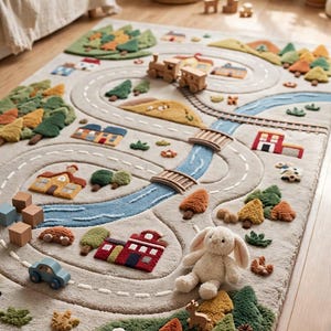 May include: A rectangular area rug featuring a textured, three-dimensional play scene with a winding road, a blue river, green forests, and various small buildings. The rug includes plush toy accents like a rabbit, a train, and small trees.