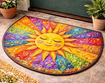 Dywanik Boho Sun, Kolorowy dywanik z motywem słońca, Hippie Rainbow do przedpokoju, Duchowy wystrój domu, Niebiański dywanik Sun, Pomysł na prezent w stylu boho