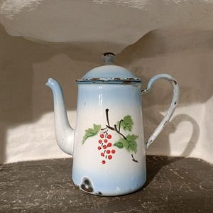May include: A light blue and white enamel coffee pot featuring a hand-painted design of red currants with green leaves on the front. The metal pot has a matching lid, a curved handle, a long spout, and visible dark brown wear along the edges.